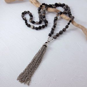 Black Silver Leaf Jasper + Silver Tassel Necklace